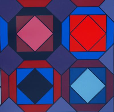 Victor VASARELY - Composition cinétique en rouge et bleu - Sérigraphie originale, Signée 2
