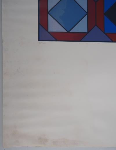 Victor VASARELY - Composition cinétique en rouge et bleu - Sérigraphie originale, Signée 2