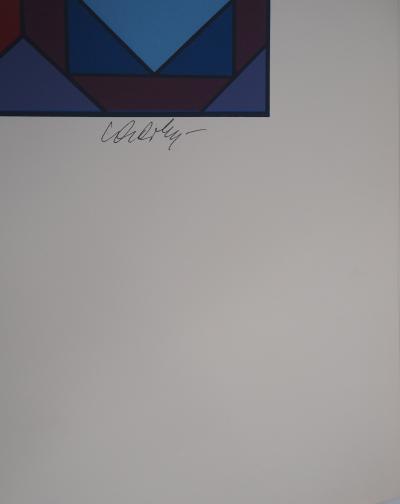 Victor VASARELY - Composition cinétique en rouge et bleu - Sérigraphie originale, Signée 2