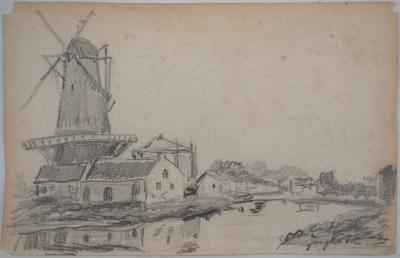 Johan-Barthold JONGKIND - Moulins en Hollande - Dessin à la mine de plomb, Signé 2