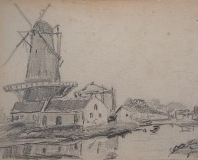 Johan-Barthold JONGKIND - Moulins en Hollande - Dessin à la mine de plomb, Signé 2