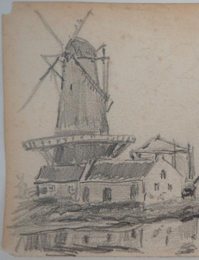Johan-Barthold JONGKIND - Moulins en Hollande - Dessin à la mine de plomb, Signé 2