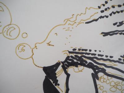 Régis LOISEL - Jeune fille faisant des bulles - Dessin original à l’encre, Signé 2