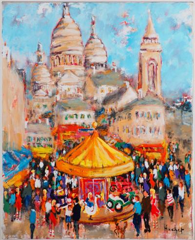 Urbain HUCHET - Montmartre au Carrousel - Huile sur toile Signée 2