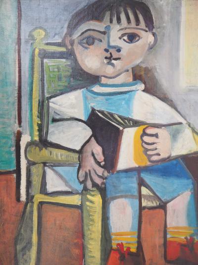 Carlos CARNERO - Hommage à Picasso : Enfant lisant - Huile sur toile, Signée 2