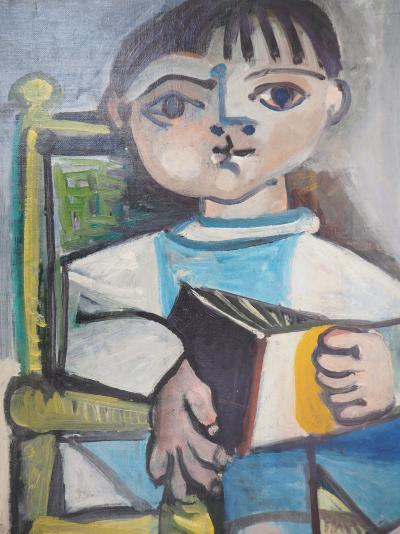 Carlos CARNERO - Hommage à Picasso : Enfant lisant - Huile sur toile, Signée 2