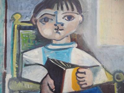 Carlos CARNERO - Hommage à Picasso : Enfant lisant - Huile sur toile, Signée 2