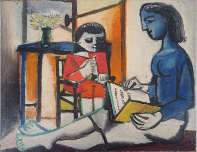 Carlos CARNERO - Hommage à Picasso : Femme et enfant lisant - Huile sur toile, Signée 2