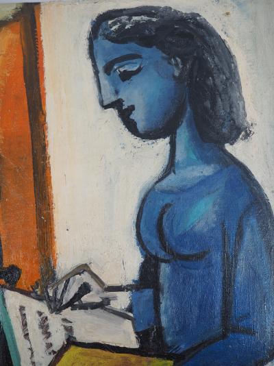 Carlos CARNERO - Hommage à Picasso : Femme et enfant lisant - Huile sur toile, Signée 2
