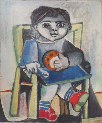 Carlos CARNERO - Hommage à Picasso : Enfant sur une chaise - Huile sur toile, Signée 2