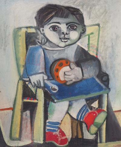 Carlos CARNERO - Hommage à Picasso : Enfant sur une chaise - Huile sur toile, Signée 2