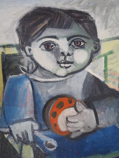 Carlos CARNERO - Hommage à Picasso : Enfant sur une chaise - Huile sur toile, Signée 2