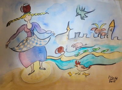 Marie VOILLAT - Perrette et le pot au lait, 2011 - Aquarelle originale signée 2