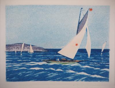 René LIGERON - Régate sur l’Atlantique - Gravure originale signée 2
