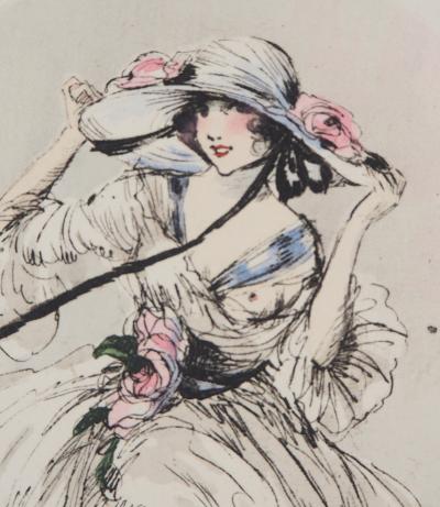 Louis ICART - Jeune femme au chapeau paré de roses, Gravure originale signée 2