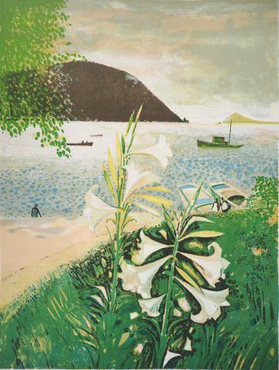 René GENIS : Lys au bord de lac - Lithographie originale signée 2