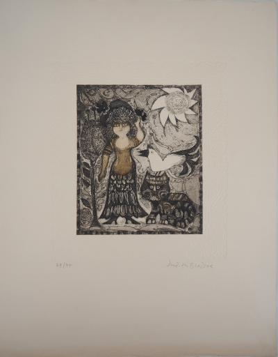 Judith BLEDSOE - Femme avec le chat - Gravure originale signée 2