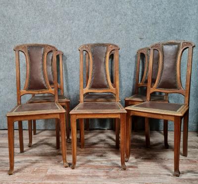 Série de 6 chaises époque Art Nouveau en bois naturel et cuir 2