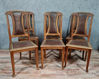 Série de 6 chaises époque Art Nouveau en bois naturel et cuir 2