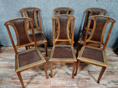 Série de 6 chaises époque Art Nouveau en bois naturel et cuir 2