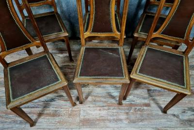 Série de 6 chaises époque Art Nouveau en bois naturel et cuir 2
