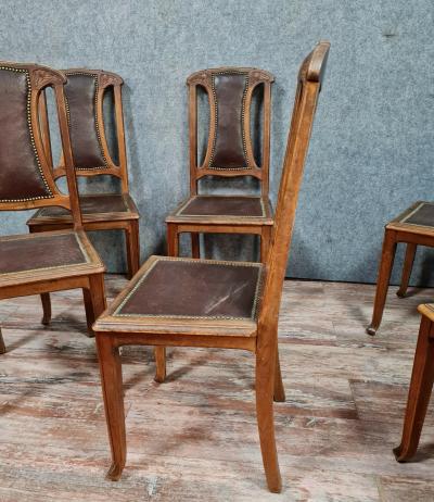 Série de 6 chaises époque Art Nouveau en bois naturel et cuir 2