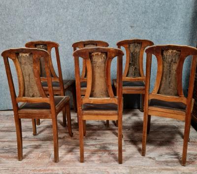 Série de 6 chaises époque Art Nouveau en bois naturel et cuir 2