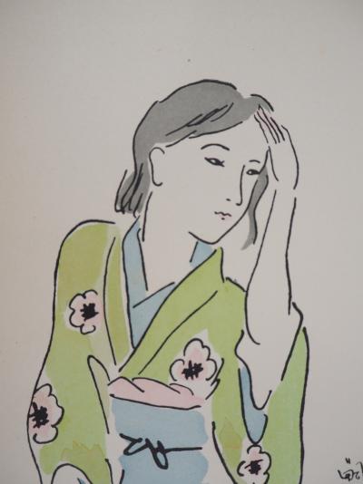 Tsuguharu FOUJITA - Femme en kimono se coiffant - Gravure originale, Signée 2