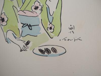 Tsuguharu FOUJITA - Femme en kimono se coiffant - Gravure originale, Signée 2