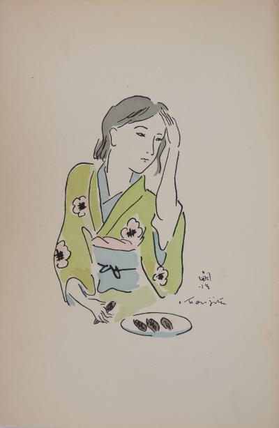 Tsuguharu FOUJITA - Femme en kimono se coiffant - Gravure originale, Signée 2