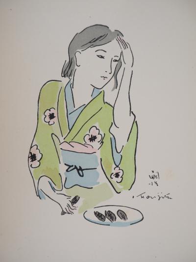 Tsuguharu FOUJITA - Femme en kimono se coiffant - Gravure originale, Signée 2