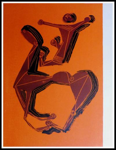 Marino MARINI - Cheval et cavalier sur fond orange, 1955 - Lithographie originale 2