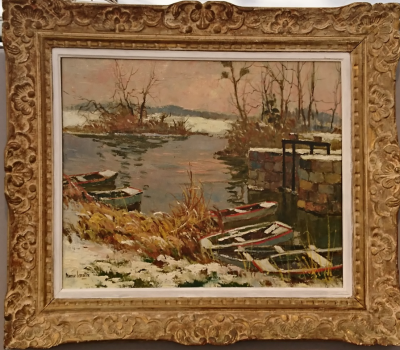 Maurice LEMAÎTRE - Barques sous la neige, XXe siècle - Huile sur toile 2