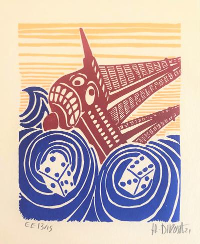 Hervé Di ROSA - Le bateau : un coup de dés, 2021 - Bois gravé original signé au crayon 2