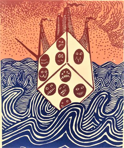 Hervé Di ROSA - Le dé : un coup de dés, 2021 - Bois gravé original signé au crayon 2