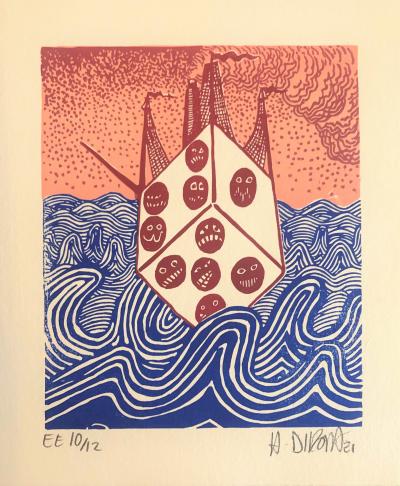 Hervé Di ROSA - Le dé : un coup de dés, 2021 - Bois gravé original signé au crayon 2
