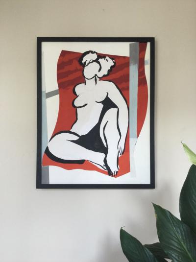 Claude BEAUJOUR - Nu sur fond rouge, 1994 - Gouache et collage signée 2
