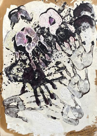 Jan MEYER - Empreintes de mains, 1981 - Huile sur papier signée 2