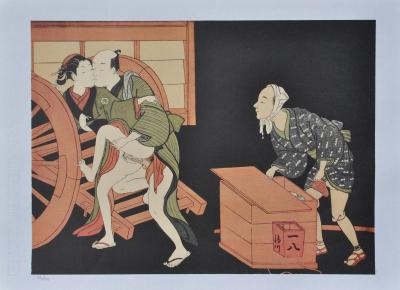 Suzuki HARUNOBU (d’après) : Le Marchand de Nouilles, 1961 - Lithographie érotique 2
