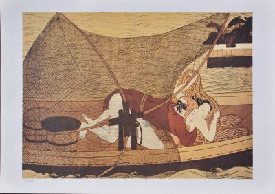 Suzuki HARUNOBU (d’après) : Le batelier, 1961 - Lithographie érotique 2