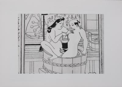 Hishikawa MORONOBU (d’après) : L’heure du thé - Lithographie érotique, 1961 2