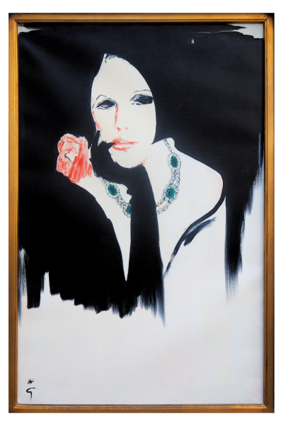 René GRUAU (attribué à) - Jeune femme à la rose et aux émeraudes - Huile sur toile signée 2
