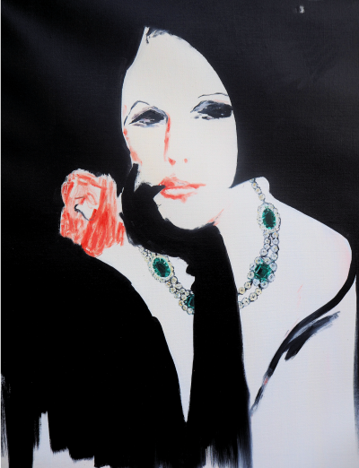 René GRUAU (attribué à) - Jeune femme à la rose et aux émeraudes - Huile sur toile signée 2