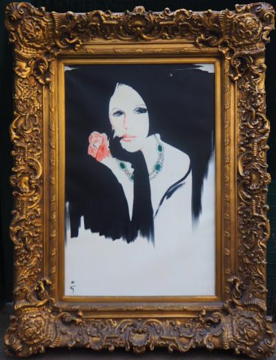 René GRUAU (attribué à) - Jeune femme à la rose et aux émeraudes - Huile sur toile signée 2