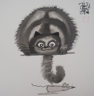 Laszlo Tibay - Le chat guette la souris qui passe en bas - Dessin original, signé 2