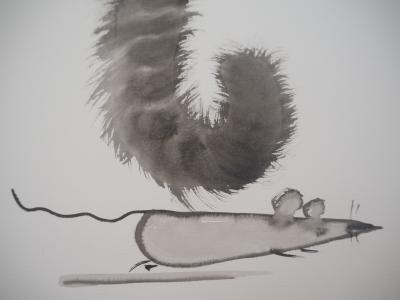 Laszlo Tibay - Le chat guette la souris qui passe en bas - Dessin original, signé 2