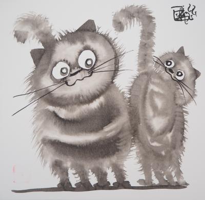 Laszlo TIBAY -  Maman chat et son bébé - Dessin original, signé 2