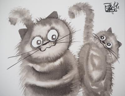 Laszlo TIBAY -  Maman chat et son bébé - Dessin original, signé 2