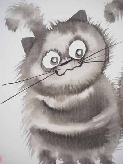 Laszlo TIBAY -  Maman chat et son bébé - Dessin original, signé 2
