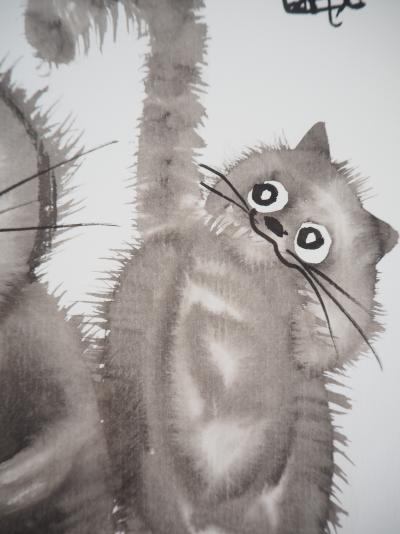 Laszlo TIBAY -  Maman chat et son bébé - Dessin original, signé 2